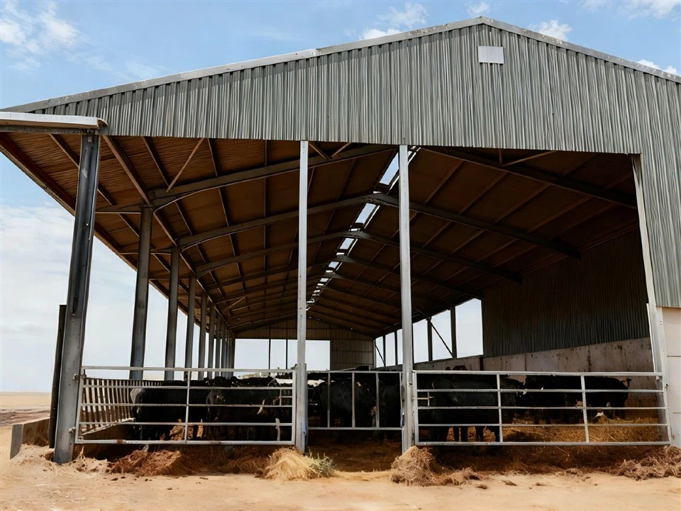 gray-steel-structure-cattle-shed-desert-environment gray-steel-structure-cattle-shed-desert-environment